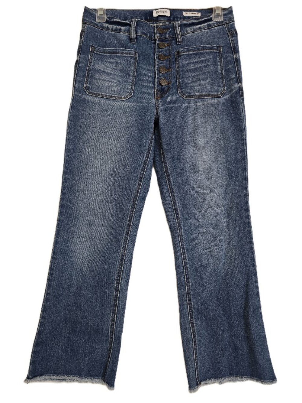 Kensie The Flare Crop Jeans 4/27 High Rise Button Fly Raw Hem Patch Pockets